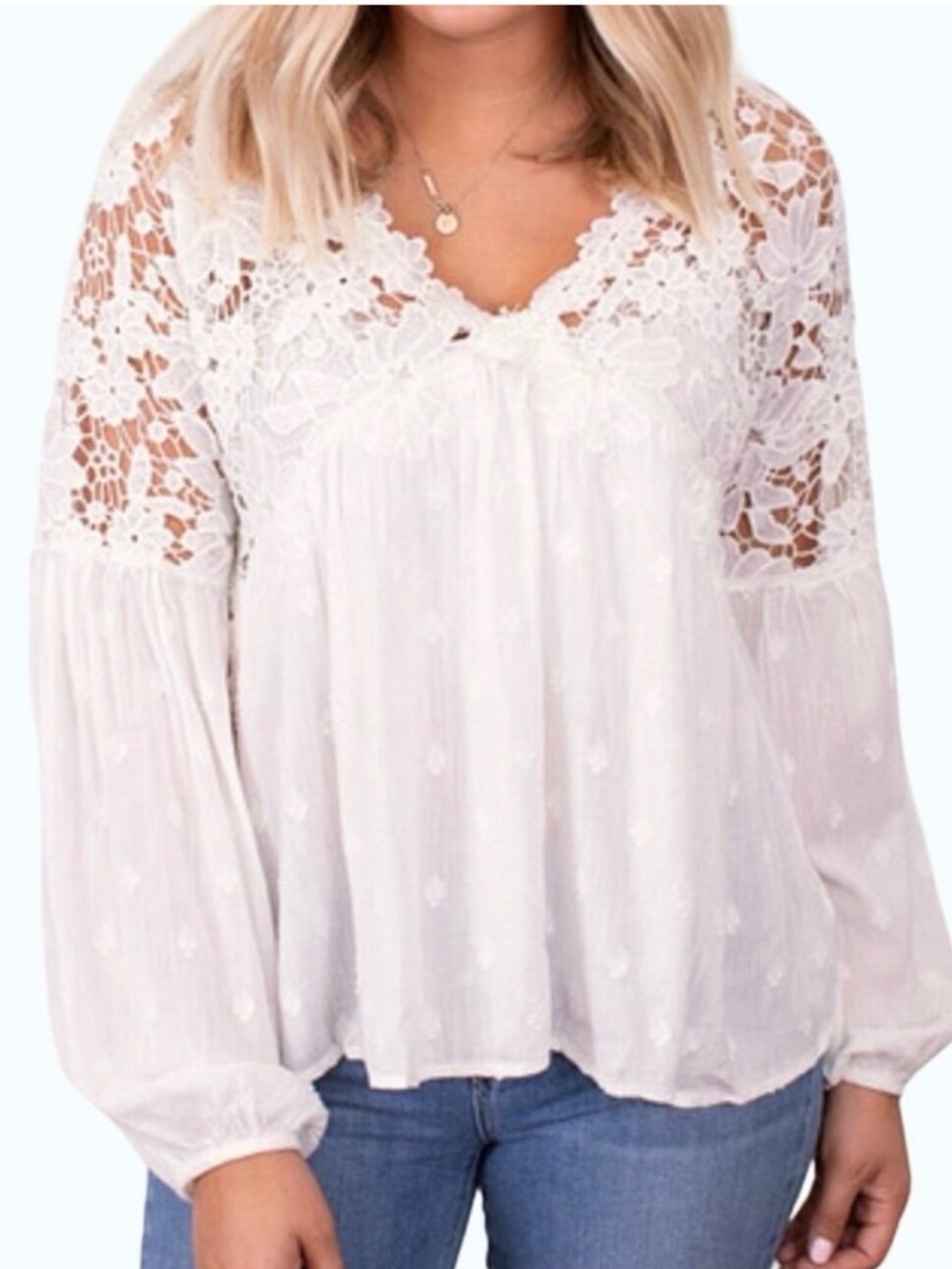 Free People Lina White Floral Lace Crochet Bodice Puff Sleeve Blouse Spring